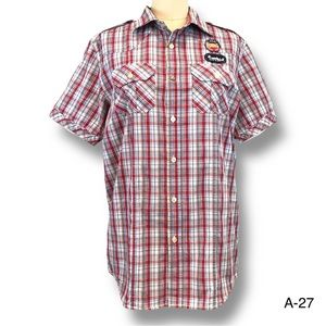 Freeshirt Men's Red Plaid Short Sleeve 100% Cotton Pockets Patches Causal Sz M